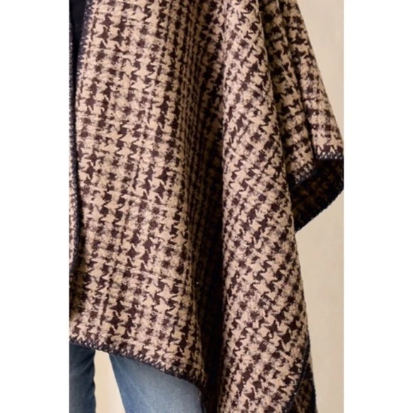 Mocha Brown Houndstooth Knit Shawl Open Poncho Wrap Casual Fall Winter One Size - Picture 6 of 6